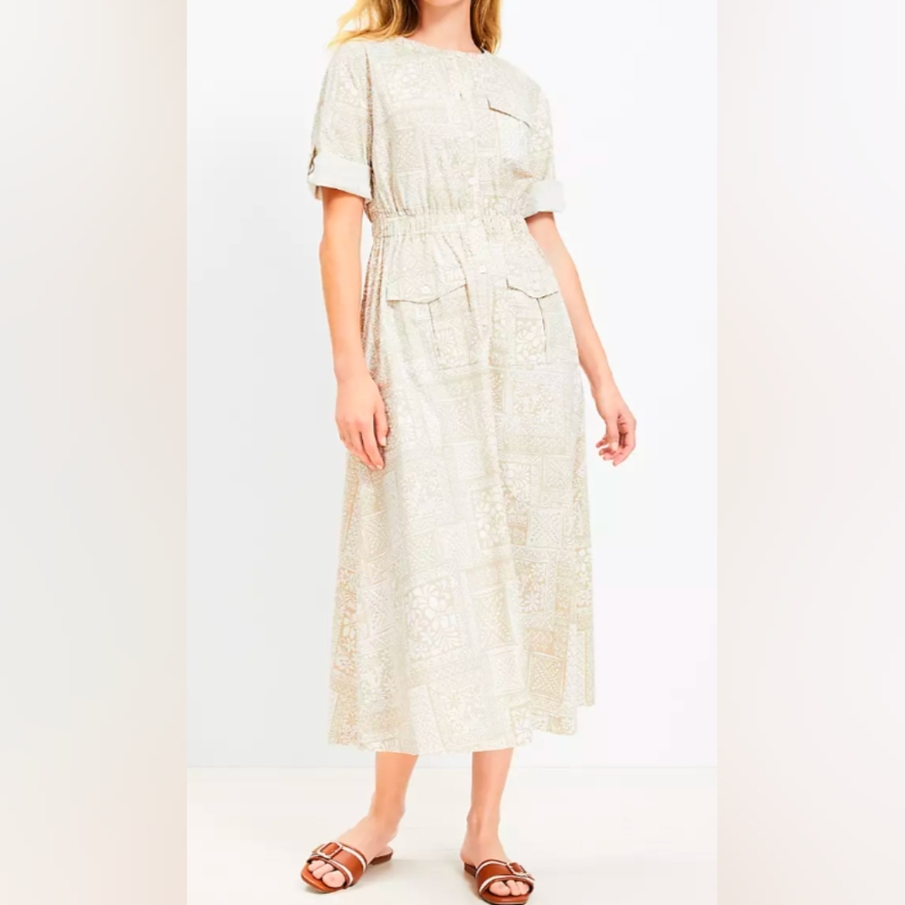 LOFT Cream Tan Pleated Midi Sundress